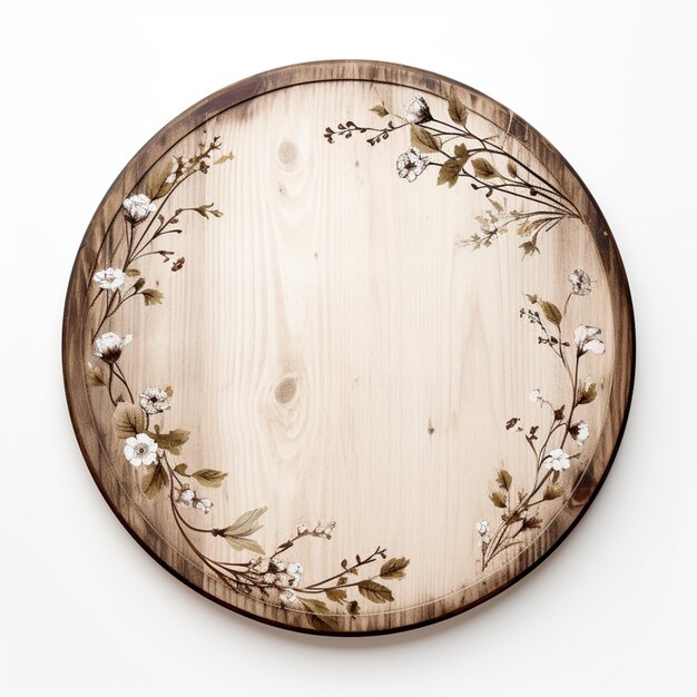 there is a wooden plate with a floral design on it generative ai