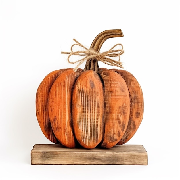 there is a wooden pumpkin sitting on a wooden stand generative ai