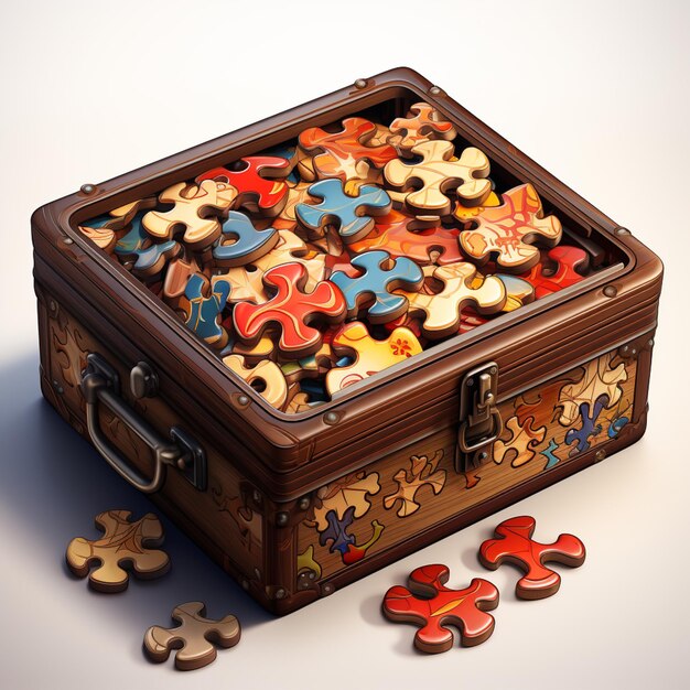 There is a wooden puzzle box with many pieces of puzzle generative ai