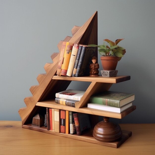 Foto c'è uno scaffale di legno con libri e sopra una pianta generativa ai
