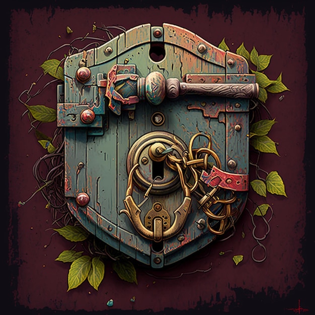 There is a wooden shield with a lock and keys on it generative ai