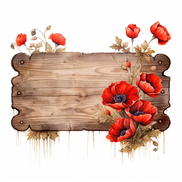 Photo there is a wooden sign with red flowers on it generative ai