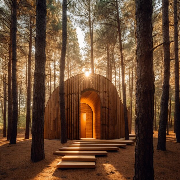 Foto c'è una struttura in legno nel mezzo di una foresta generativa ai