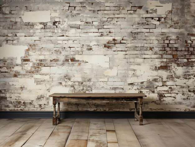 Photo there is a wooden table sitting in front of a brick wall generative ai