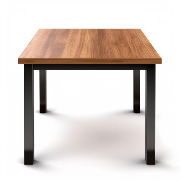 There is a wooden table with black legs and a brown top generative ai