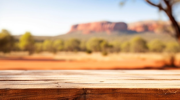 there is a wooden table with a blurry background of a desert generative ai