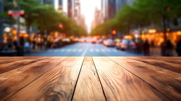 there is a wooden table with a blurry city street in the background generative ai