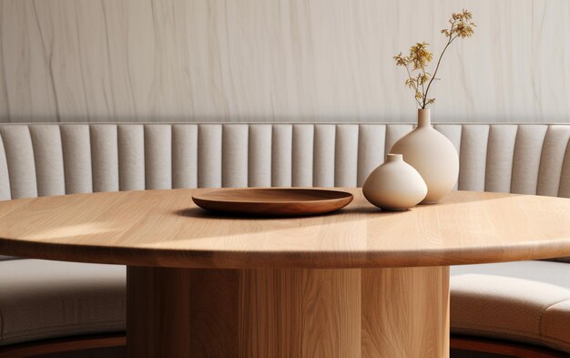 There is a wooden table with a bowl and vase on it generative ai