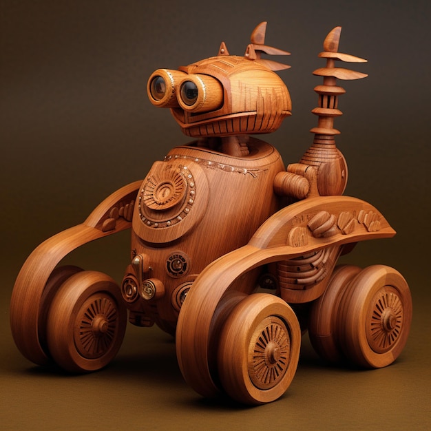 there is a wooden toy of a robot riding a toy car generative ai