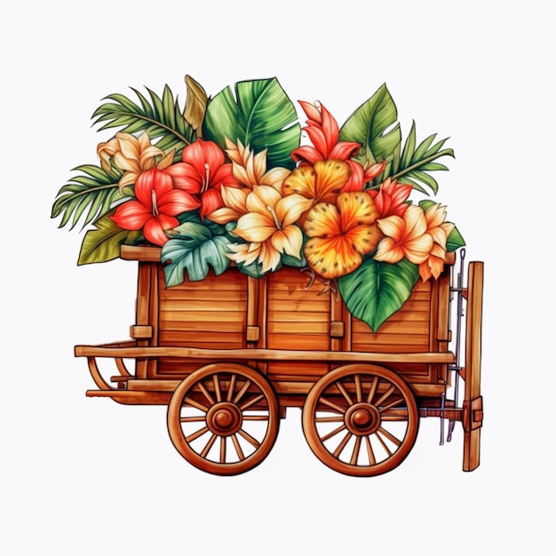 there is a wooden wagon with flowers on it generative ai