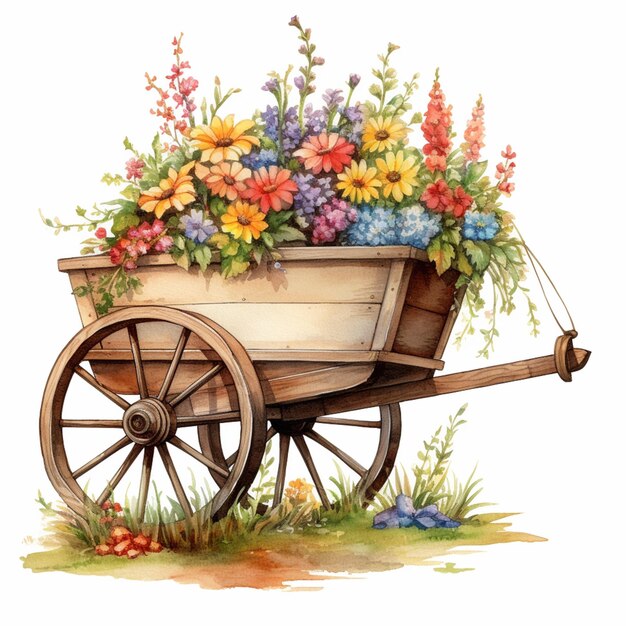 there is a wooden wagon with flowers in it on the grass generative ai