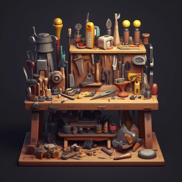 there is a wooden workbench with many different tools on it generative ai