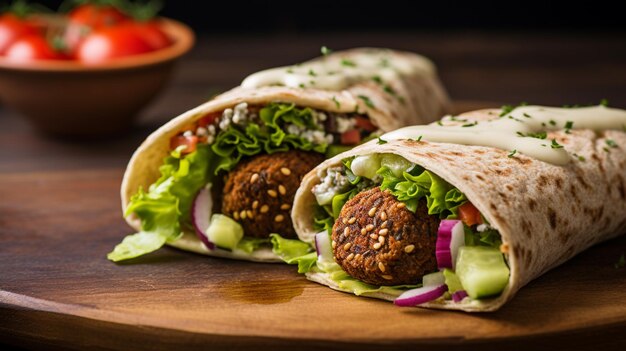 Foto c'è un involucro con carne e verdure su un tavolo da taglio generativo ai