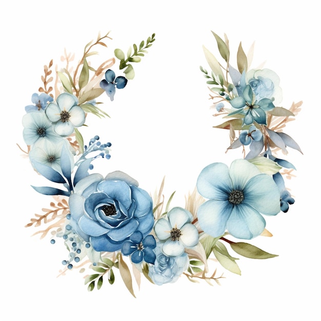 there is a wreath of blue flowers and leaves on a white background generative ai