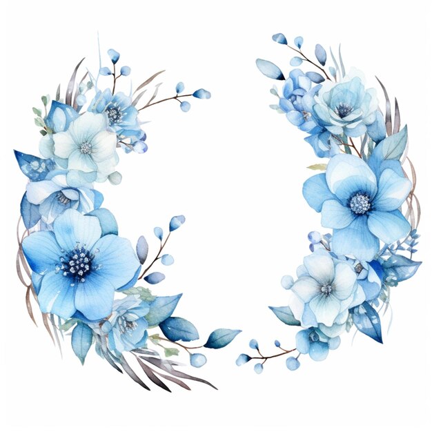 there is a wreath of blue flowers and leaves on a white background generative ai