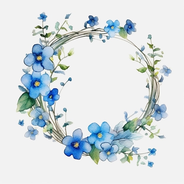 There is a wreath of blue flowers and leaves on a white background generative ai