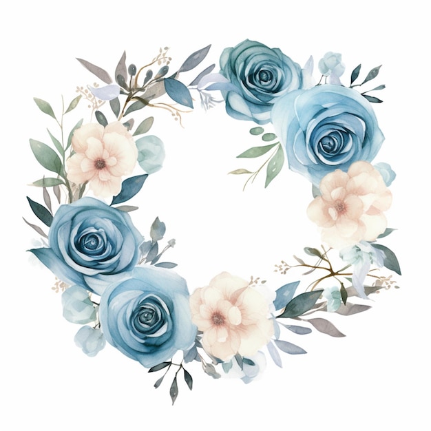 Photo there is a wreath of blue roses and leaves on a white background generative ai