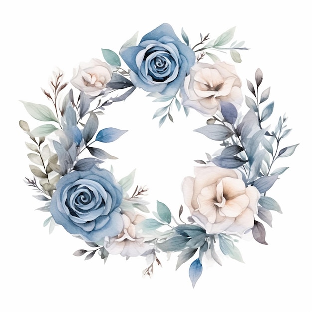 there is a wreath of blue and white flowers on a white background generative ai