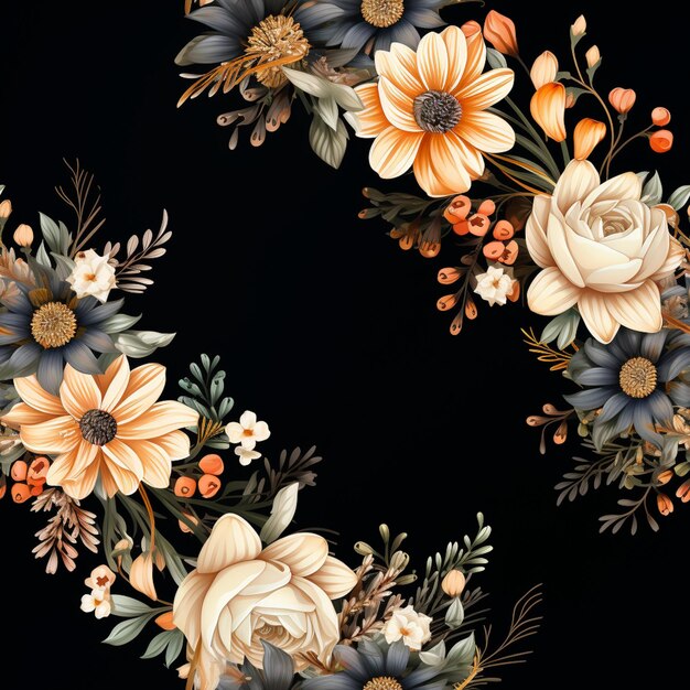 Photo there is a wreath of flowers on a black background generative ai