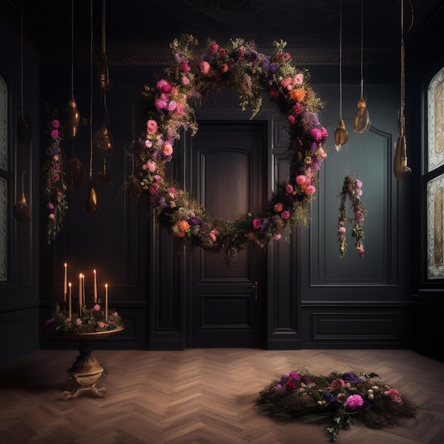 there is a wreath of flowers and candles in a room generative ai