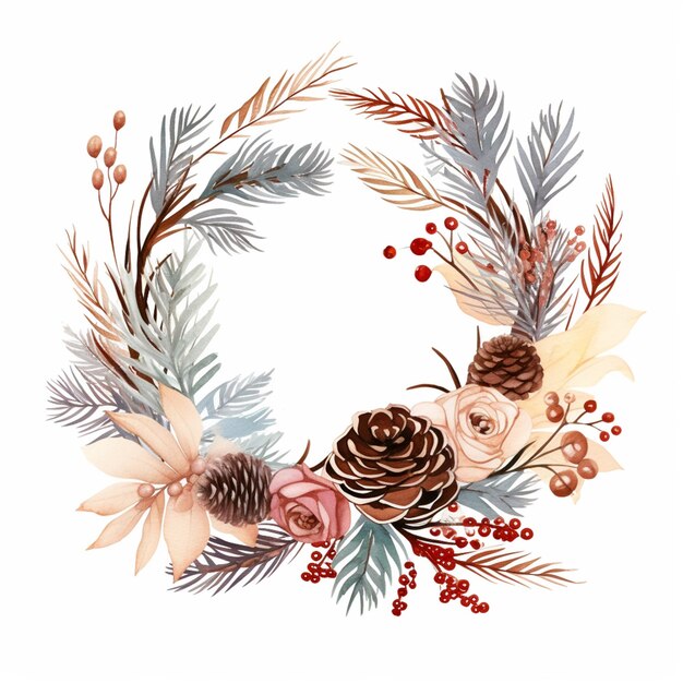 there is a wreath of flowers and pine cones on a white background generative ai