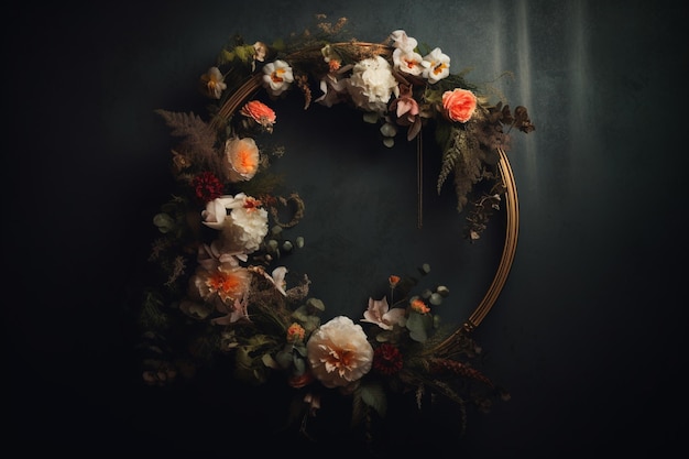 Photo there is a wreath of flowers on a wall with a gold frame generative ai