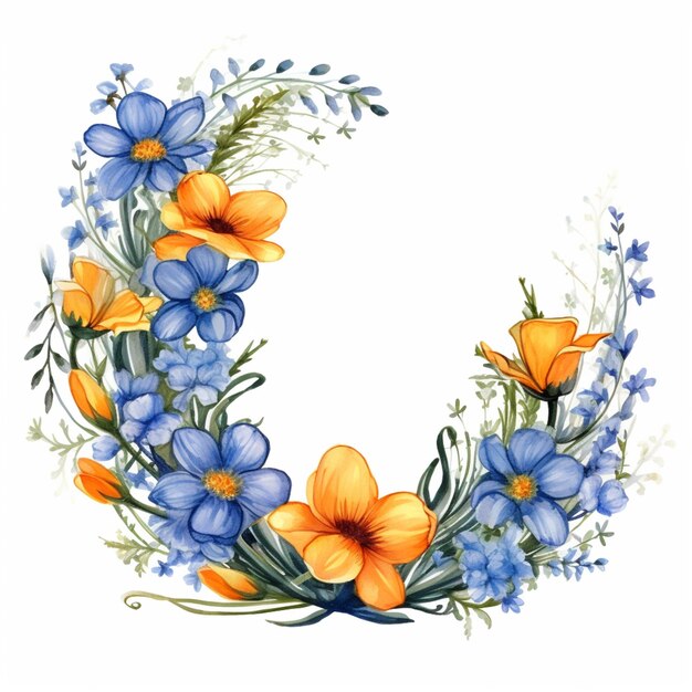 there is a wreath of flowers with blue and orange flowers generative ai