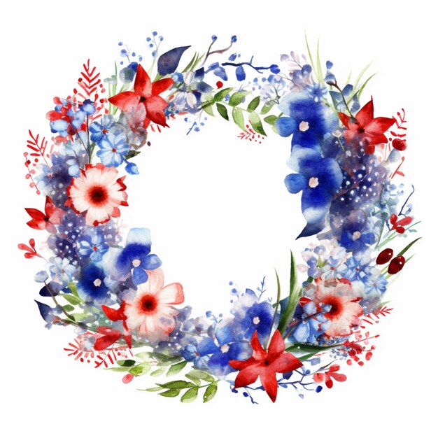 There is a wreath of flowers with blue and red flowers generative ai