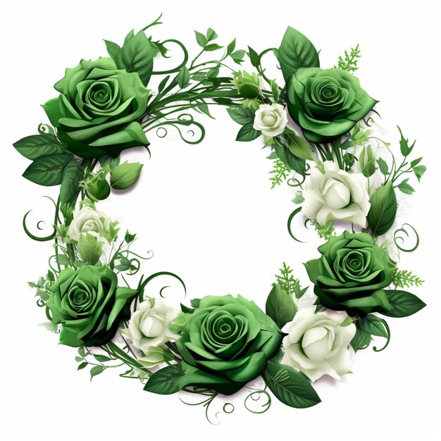 There is a wreath of green roses and leaves on a white background generative ai