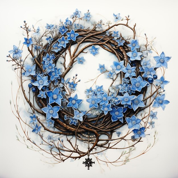 Photo there is a wreath made of twigs and blue flowers on a white surface generative ai