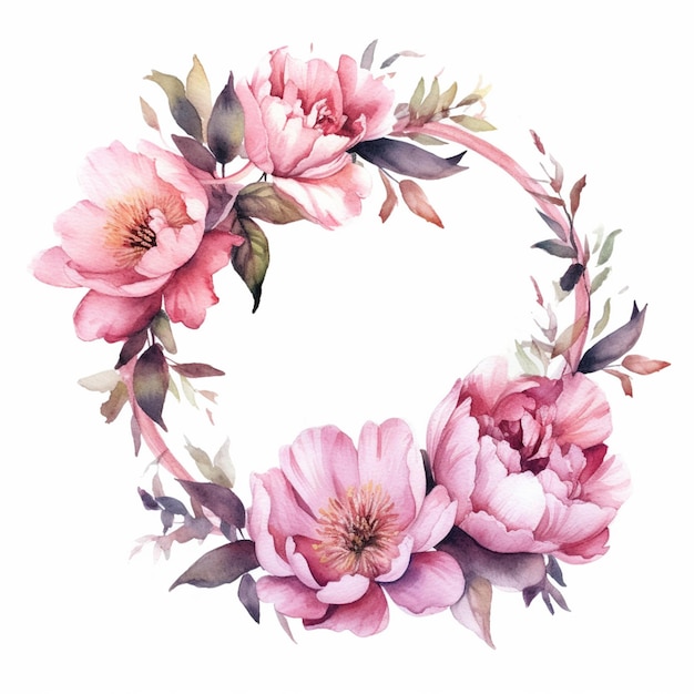 There is a wreath of pink flowers on a white background generative ai