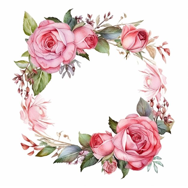 There is a wreath of pink roses and green leaves on a white background generative ai