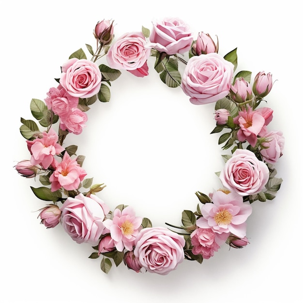 Photo there is a wreath of pink roses and green leaves on a white background generative ai