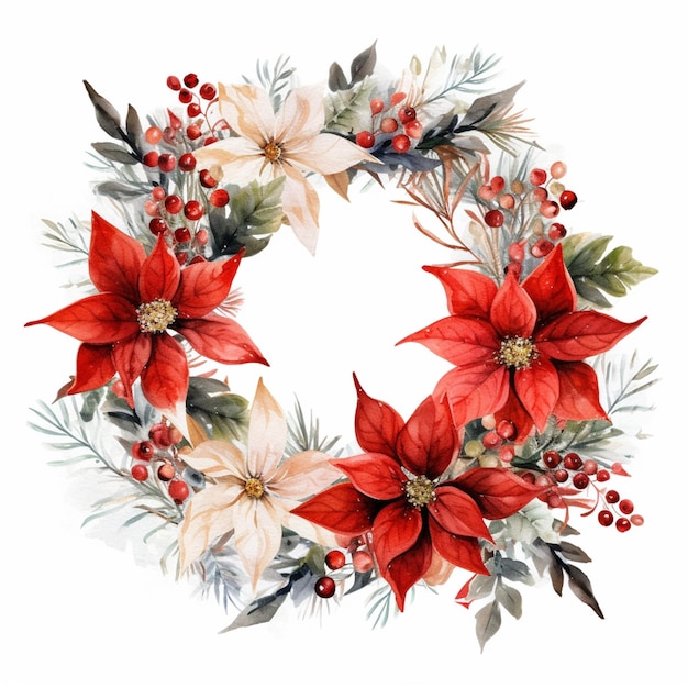 There is a wreath of poinsettis and berries on a white background generative ai