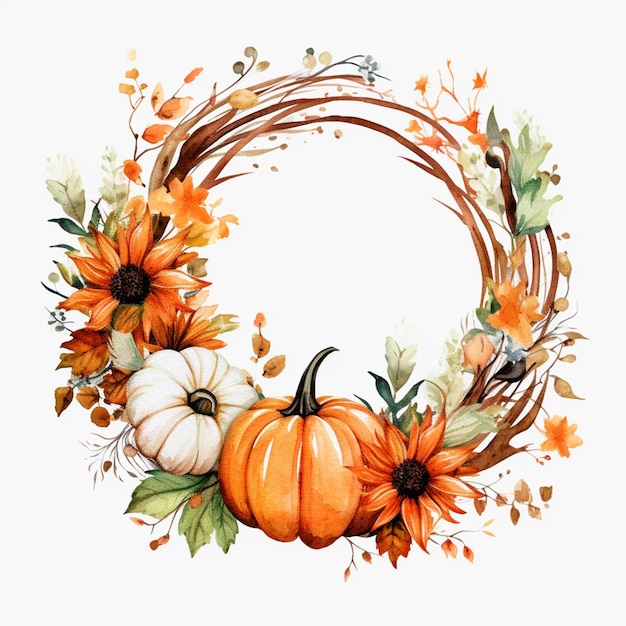 There is a wreath of pumpkins and sunflowers on a white background generative ai