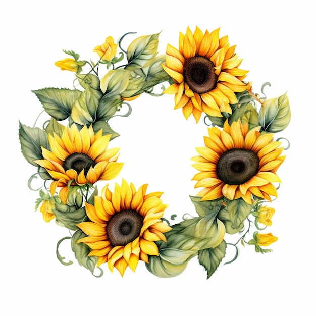 Photo there is a wreath of sunflowers with green leaves on it generative ai