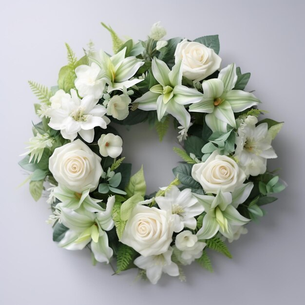 There is a wreath of white flowers and green leaves on a wall generative ai