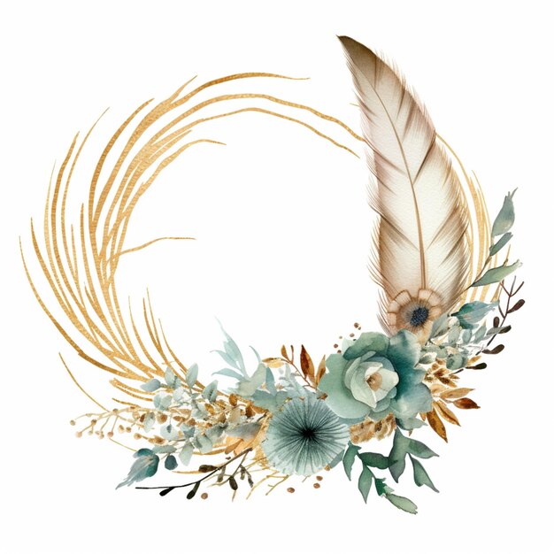 there is a wreath with a feather and flowers on it generative ai