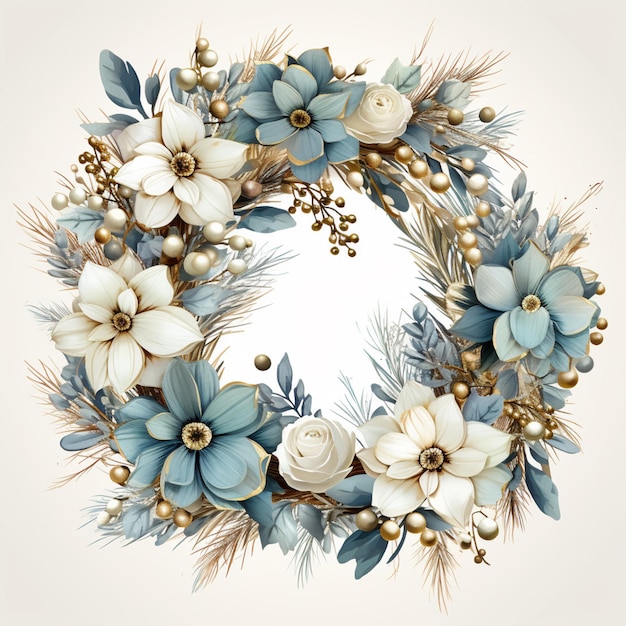 there is a wreath with flowers and leaves on a white background generative ai