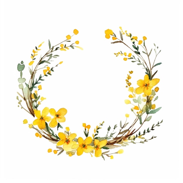 There is a wreath of yellow flowers and leaves on a white background generative ai