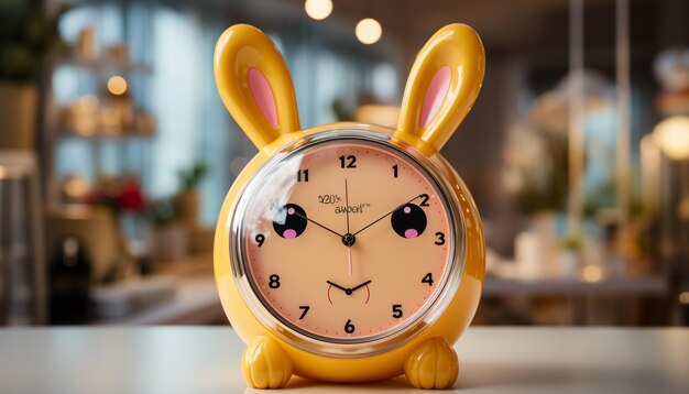 there is a yellow alarm clock with a rabbit face on it generative ai