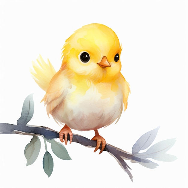 There is a yellow bird sitting on a branch with leaves generative ai