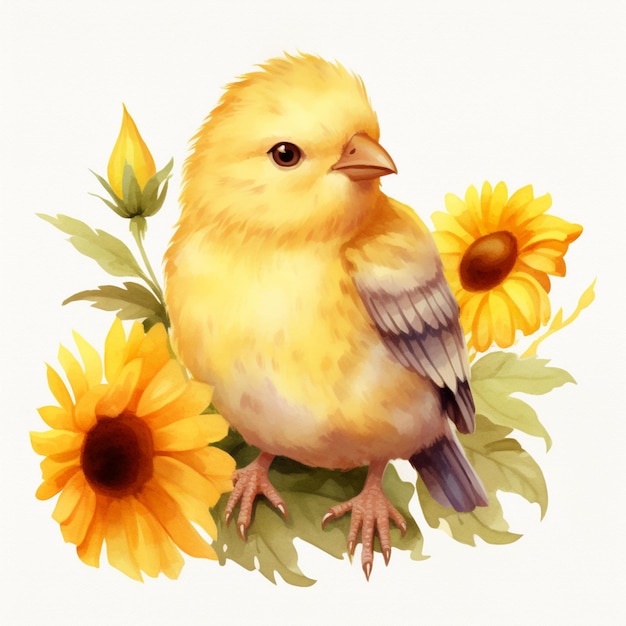 There is a yellow bird sitting on a branch with sunflowers generative ai