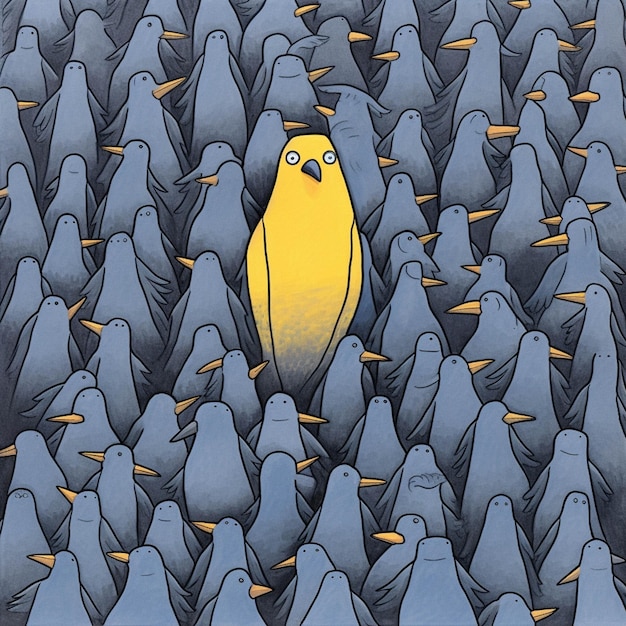 There is a yellow bird standing out from a large group of gray birds generative ai