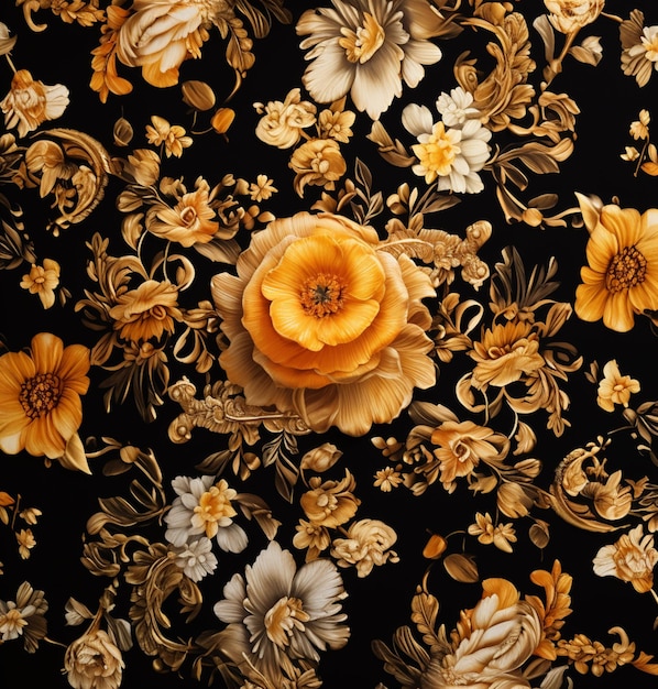 there is a yellow flower on a black background with gold leaves generative ai