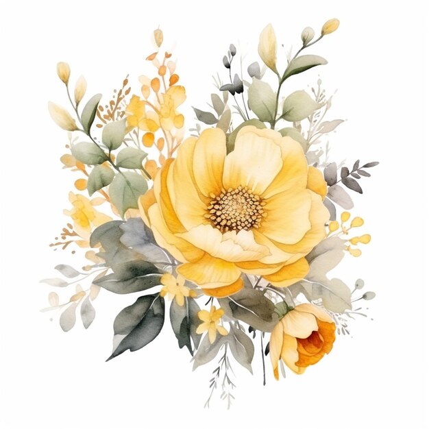 There is a yellow flower with green leaves and yellow flowers generative ai