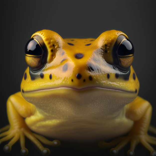 Photo there is a yellow frog with black spots on its face generative ai