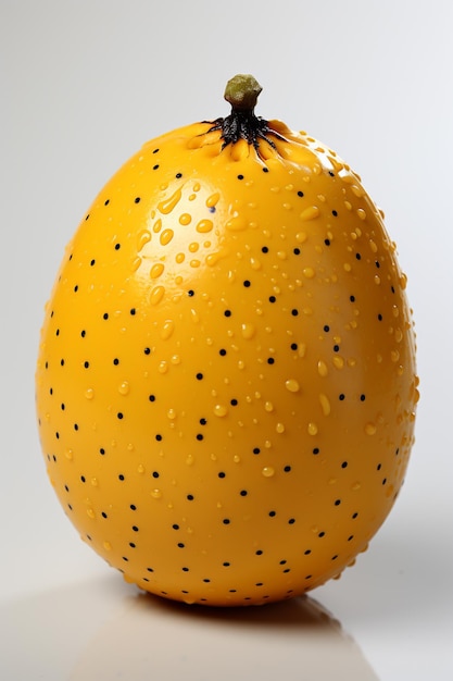 There is a yellow orange with black dots on it generative ai