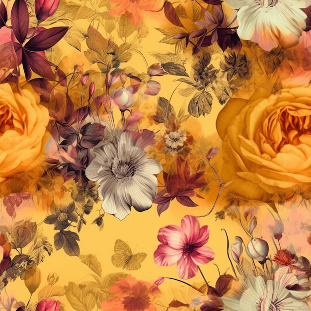 There is a yellow and pink floral wallpaper with many flowers generative ai