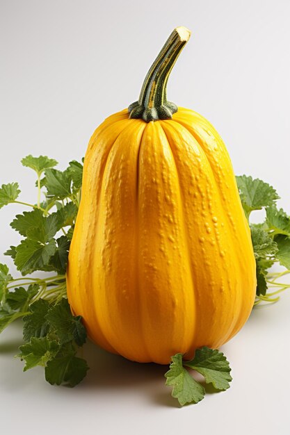 there is a yellow pumpkin with green leaves on a white surface generative ai